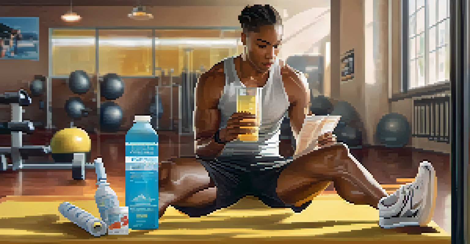An athlete is sitting on a gym bench, checking the color of their urine in a clear cup, with gym equipment in the background.