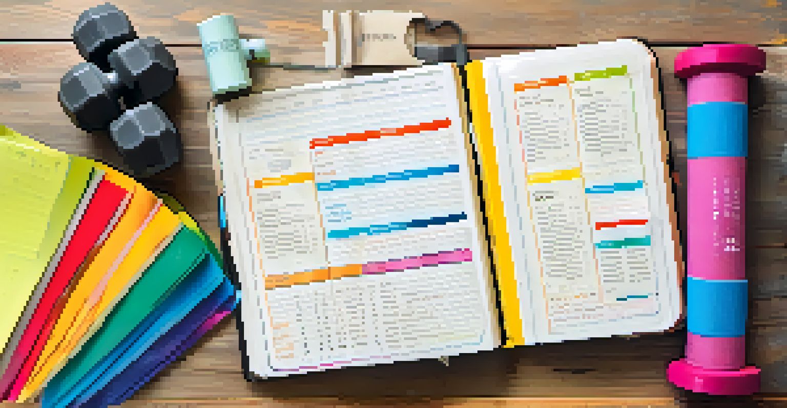 A fitness journal open on a table with handwritten notes and workout gear items surrounding it, illuminated by soft natural light.