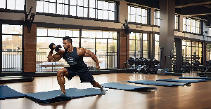 A bodybuilder doing dynamic warm-up stretches in a bright gym, with natural light and motivational posters.