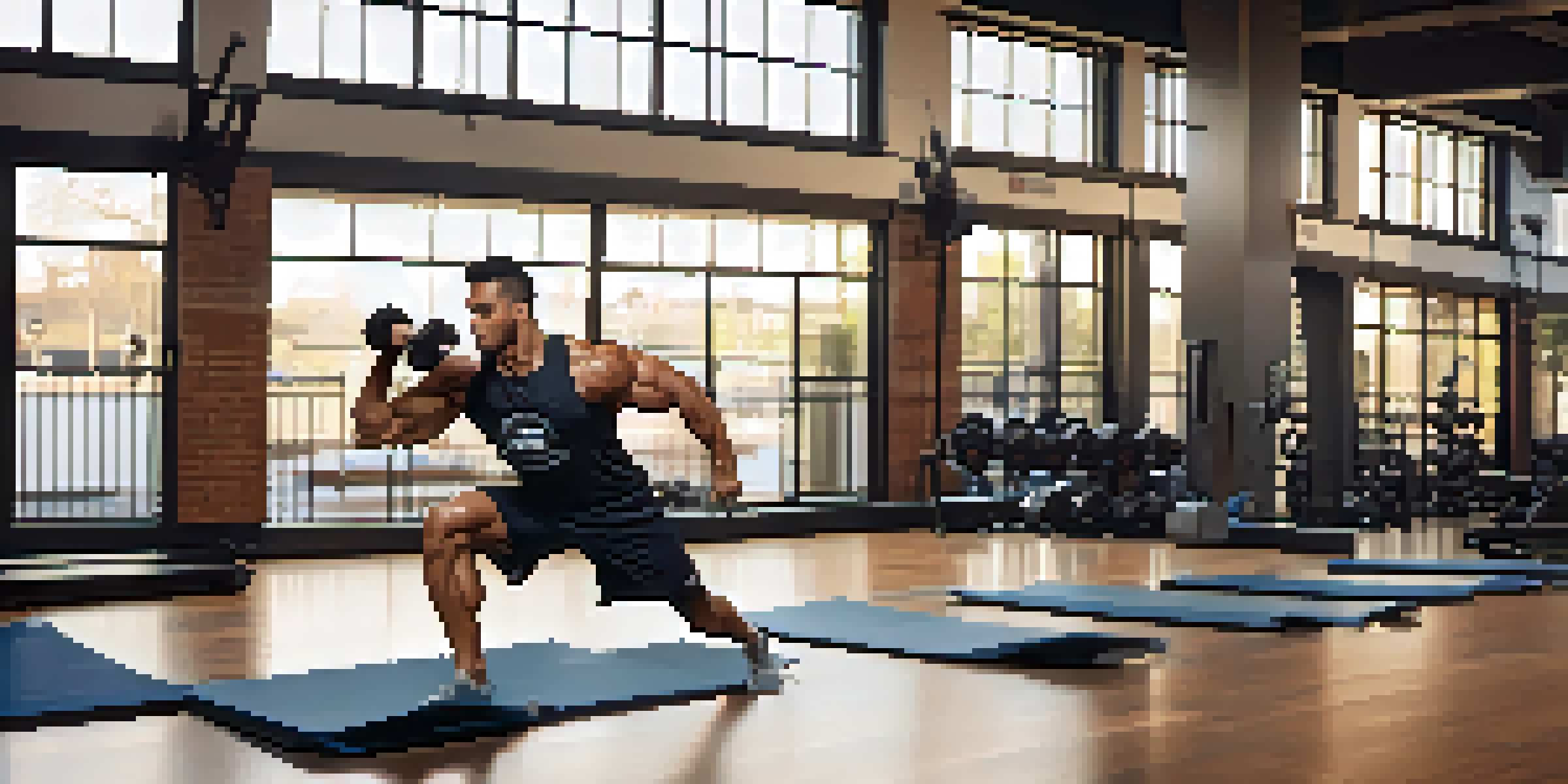 A bodybuilder doing dynamic warm-up stretches in a bright gym, with natural light and motivational posters.