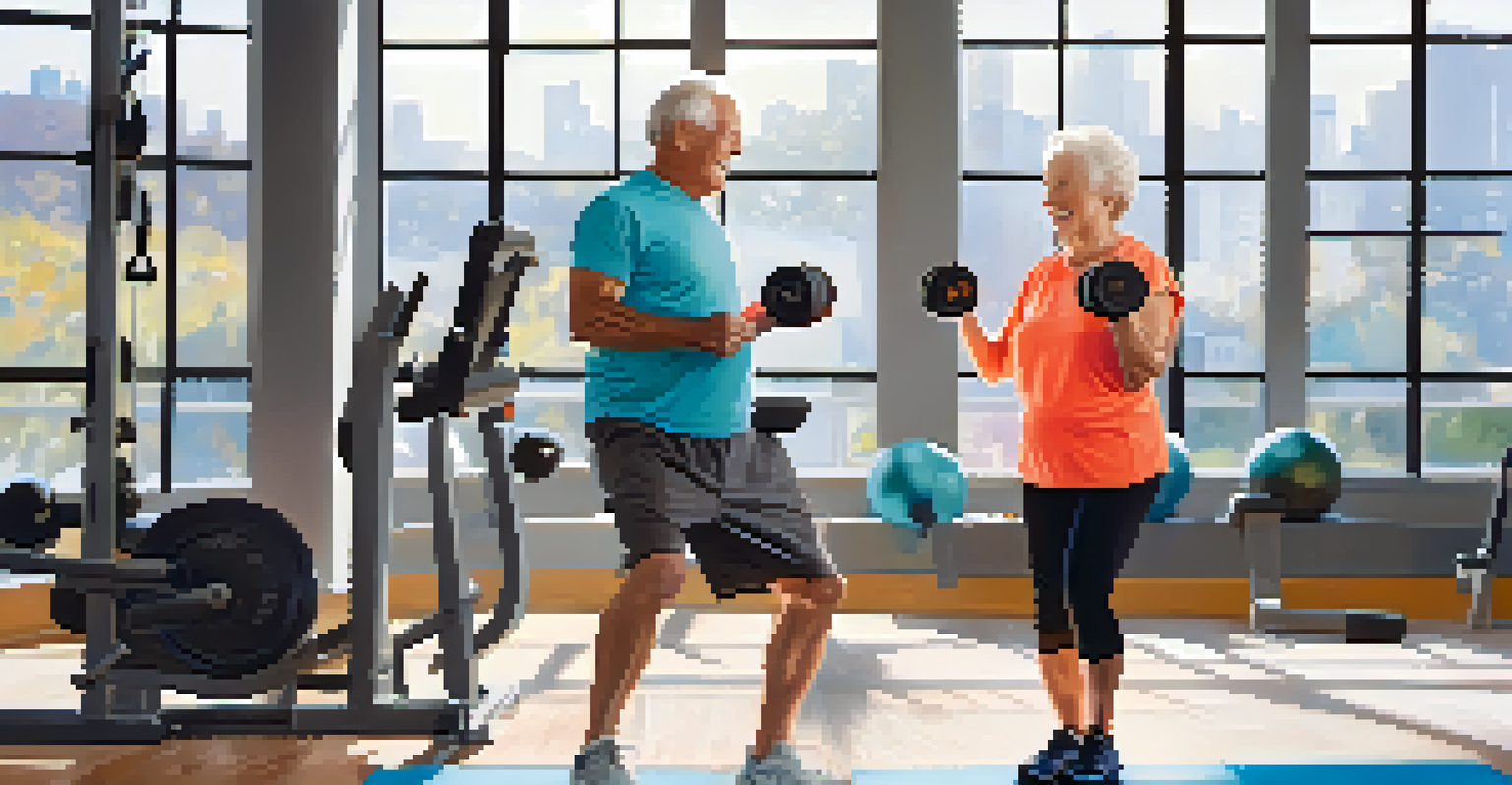 An elderly couple lifting dumbbells in a brightly lit gym, smiling and exercising together.