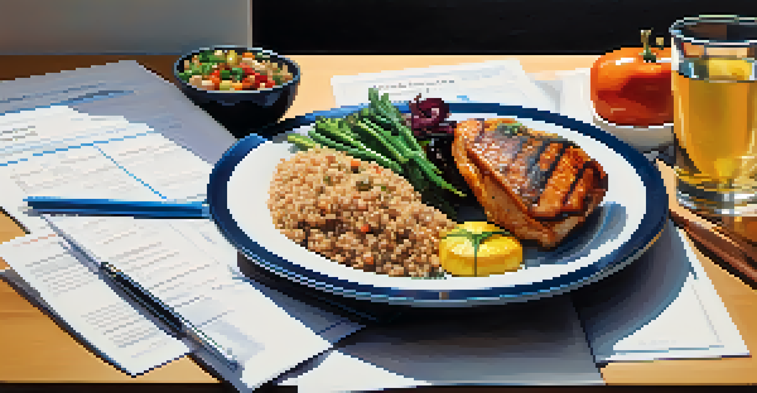 A close-up of a nutritionist's desk with a balanced meal, a genetic testing report, and a glass of water, featuring grilled chicken and colorful vegetables.