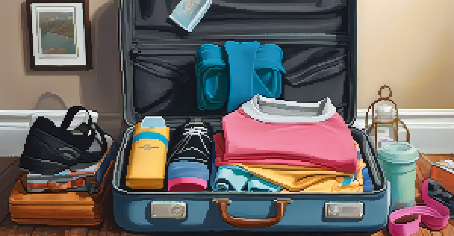 An open suitcase displaying fitness gear and clothing in a well-lit hotel room.