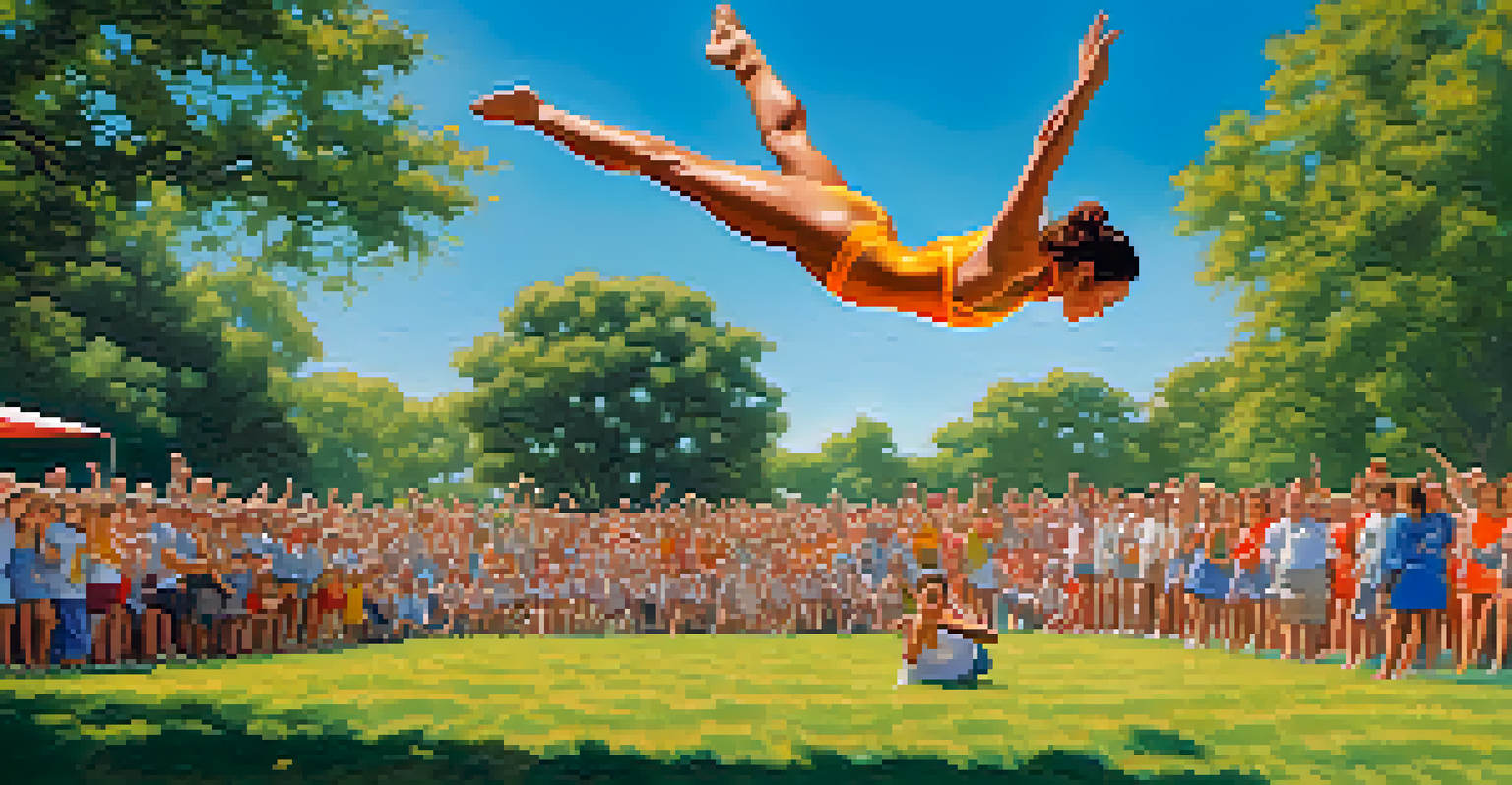 An acrobat performing a tumbling routine in a grassy field, with spectators cheering in the background and a clear blue sky overhead.