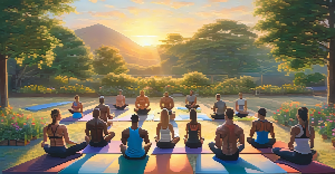 A diverse group of bodybuilders practicing yoga in an outdoor gym at sunrise, surrounded by greenery and wildflowers.