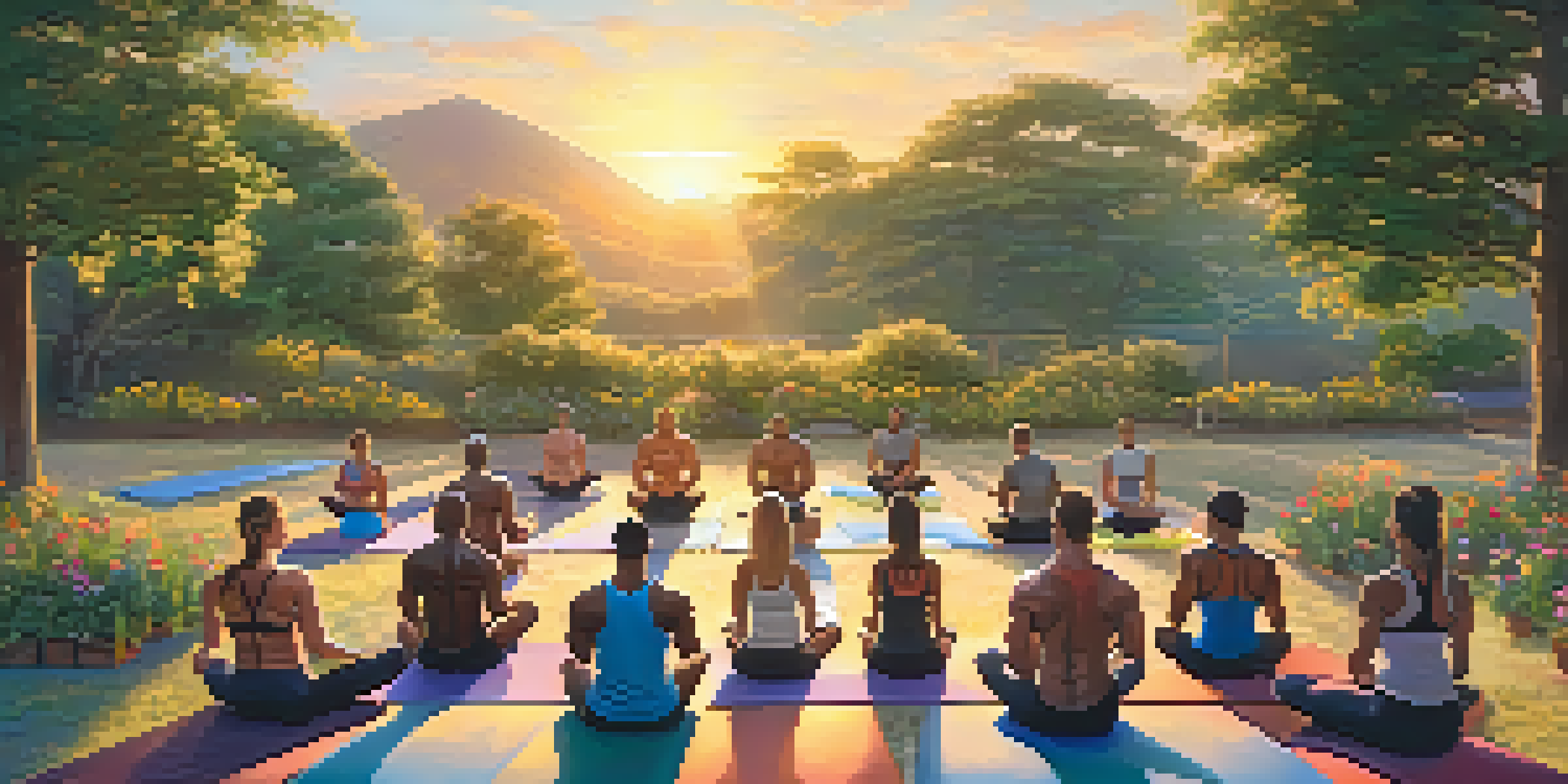 A diverse group of bodybuilders practicing yoga in an outdoor gym at sunrise, surrounded by greenery and wildflowers.