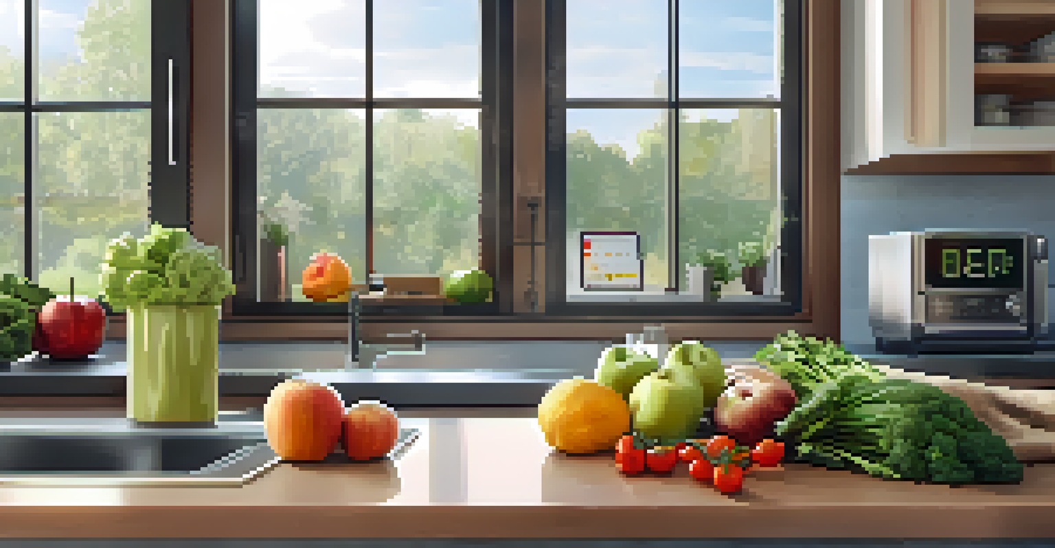 A smartphone displaying a nutrition app in a kitchen, with fresh fruits and vegetables around, highlighting a healthy meal prep environment.
