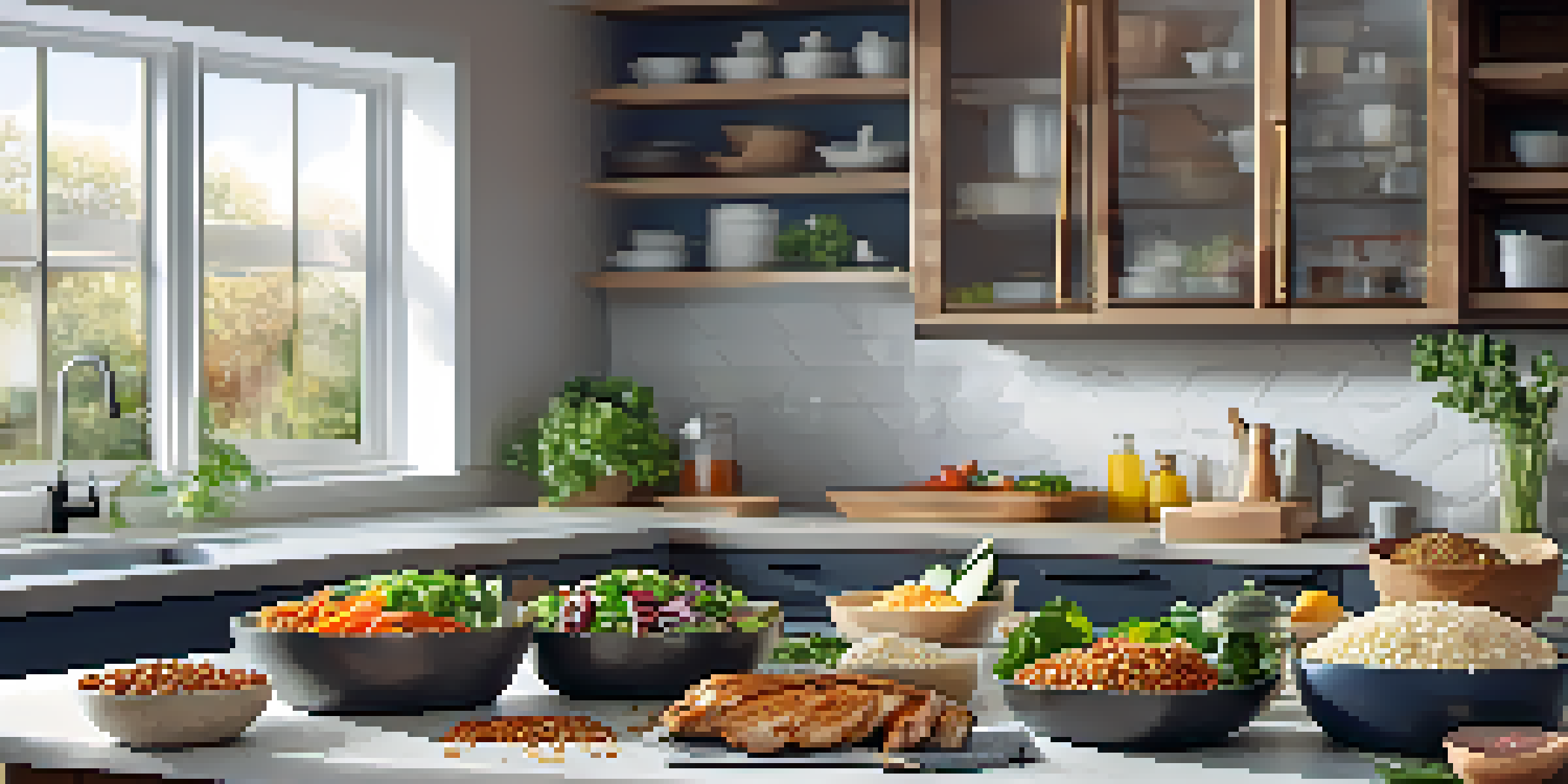 A colorful array of meal prep containers filled with grilled chicken, lentils, and salad, set on a bright kitchen countertop with natural light.