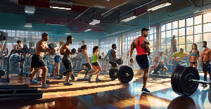 A lively gym with athletes lifting weights and running on a treadmill, showcasing a blend of strength and endurance training.
