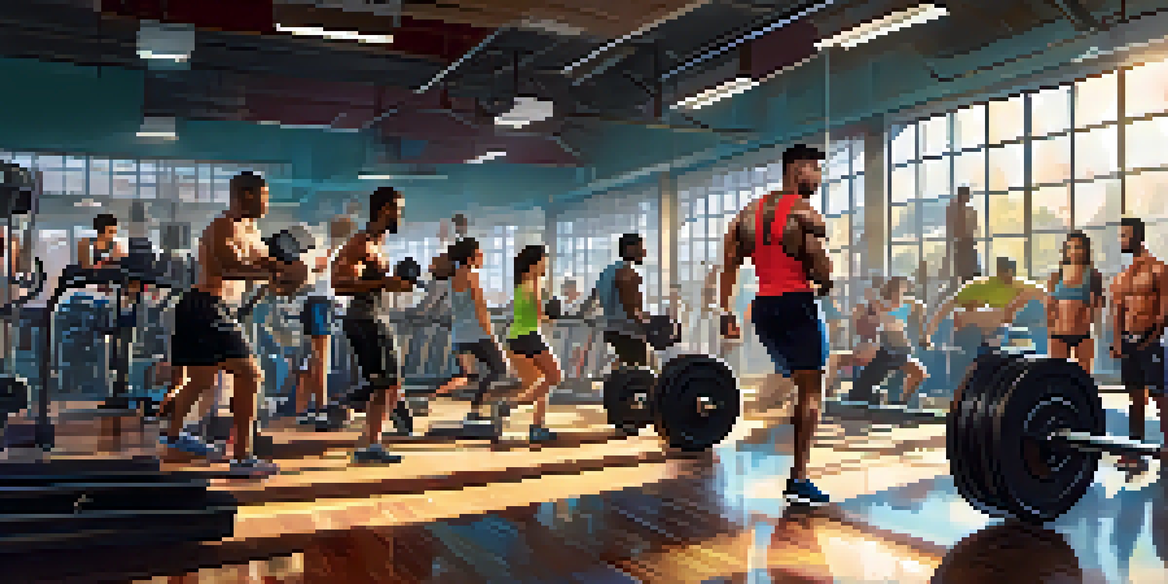 A lively gym with athletes lifting weights and running on a treadmill, showcasing a blend of strength and endurance training.