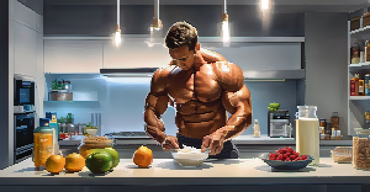 A bodybuilder preparing Greek yogurt with granola and honey in a modern kitchen with fresh fruits in the background.