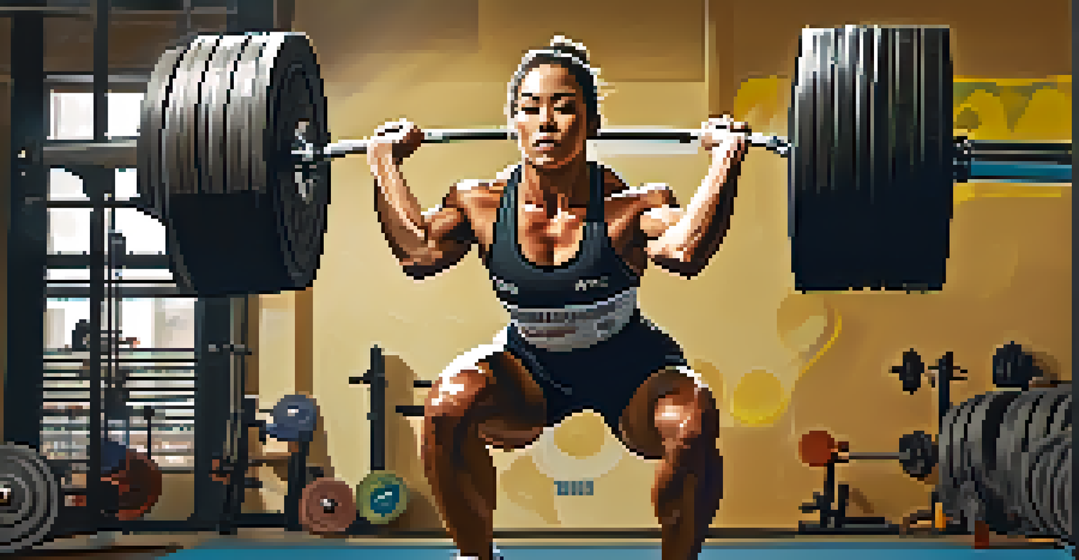 An athlete lifting a barbell overhead in a gym, demonstrating Olympic weightlifting technique.