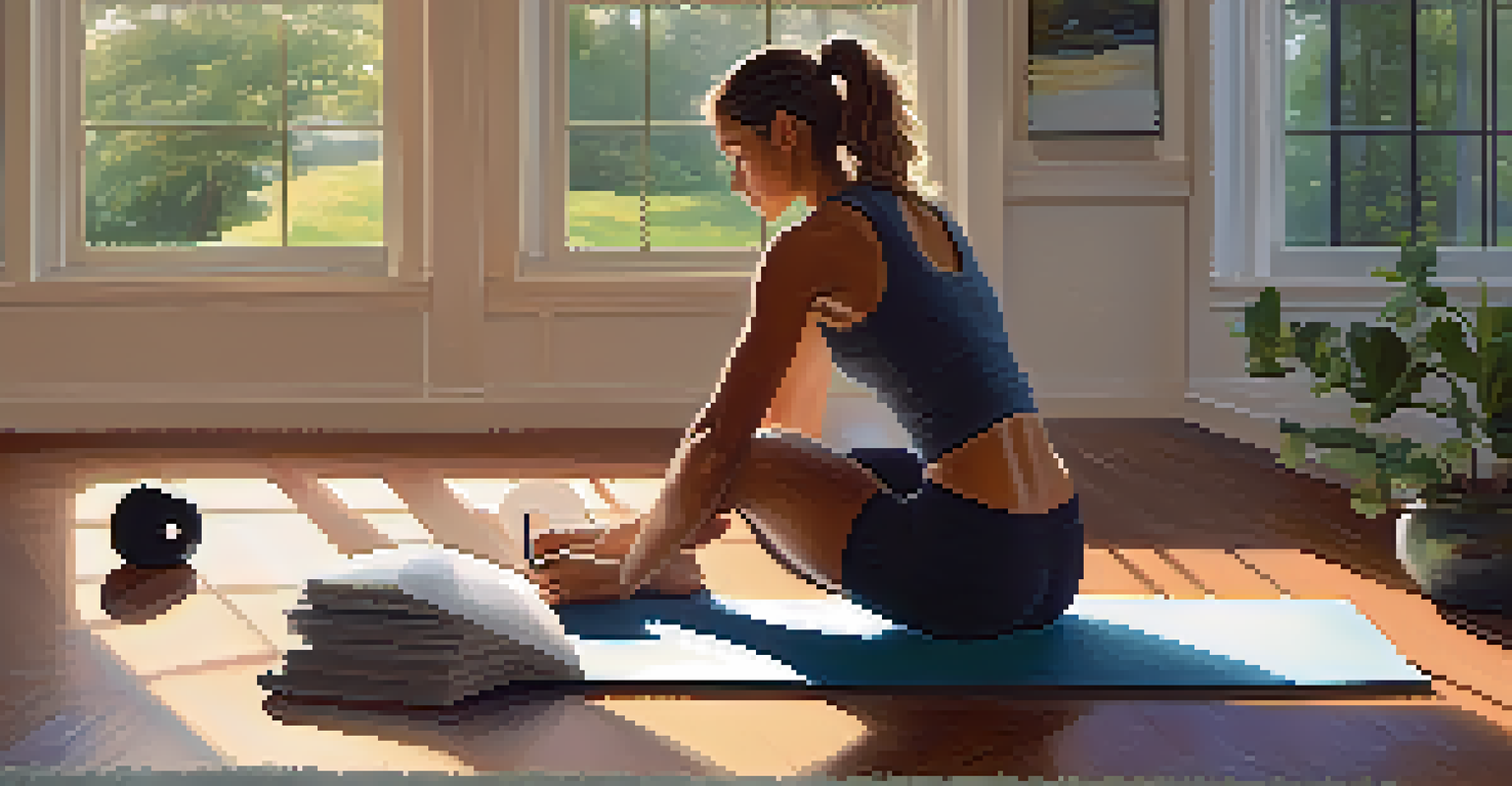 A person writing fitness goals in a journal surrounded by workout equipment in a softly lit room.