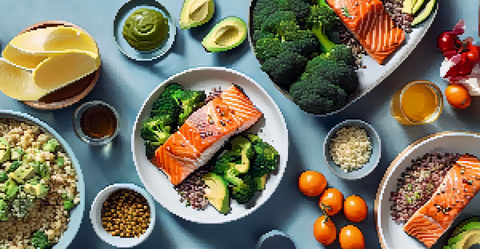 A healthy meal prep showing grilled salmon, broccoli, quinoa, and avocado, with omega-3 capsules highlighting dietary considerations.