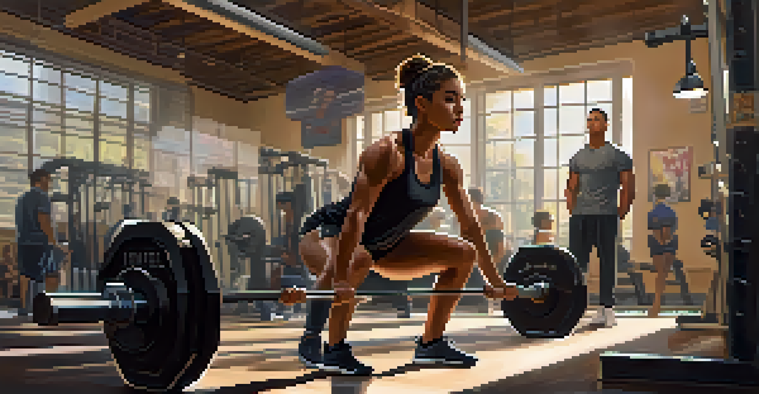 A teenager lifting weights with proper form in a gym with a trainer in the background.