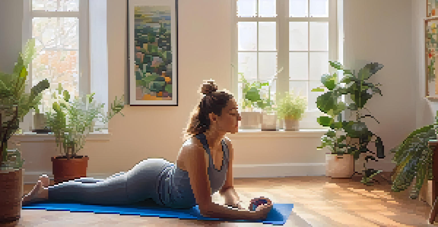 A person using a foam roller on a yoga mat in a cozy, well-lit room filled with plants and calming artwork.