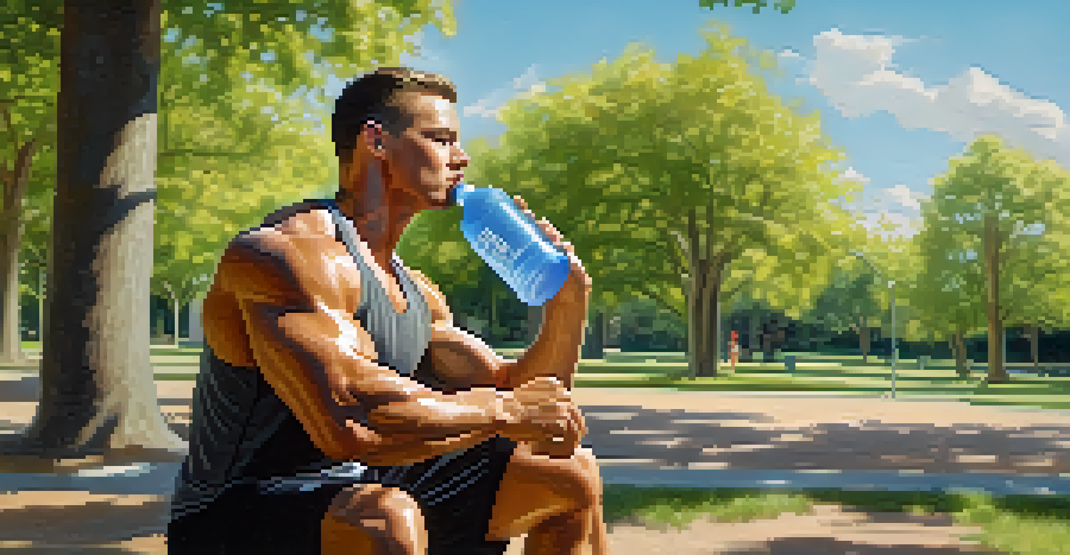 A bodybuilder drinking water from a sports bottle in a sunny park after a workout, surrounded by trees and blue skies.