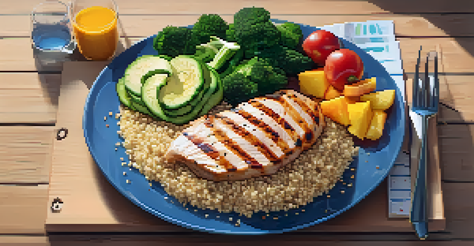 A healthy meal prep with grilled chicken, vegetables, quinoa, fruits, and a glass of water.