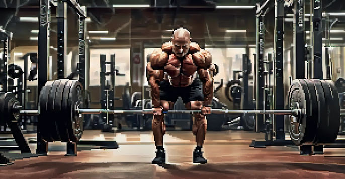 A bodybuilder lifting weights in a gym, showcasing strong muscles and focused expression.