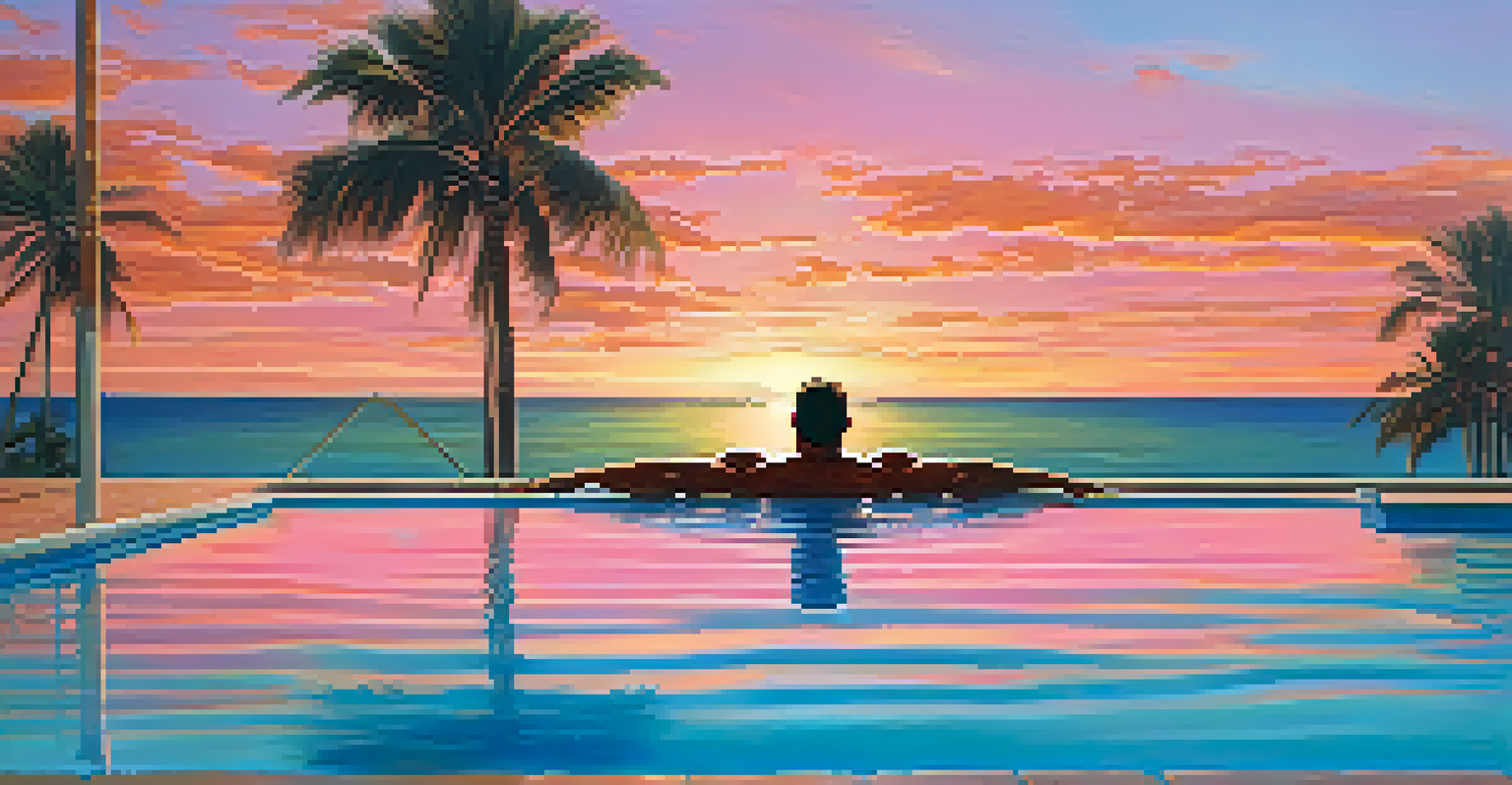 A bodybuilder performing backstroke in an outdoor pool at sunset.