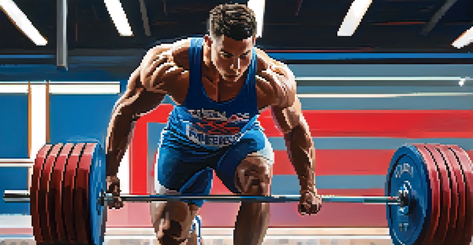 An athlete in a gym lifting a barbell overhead, demonstrating explosive strength and power.