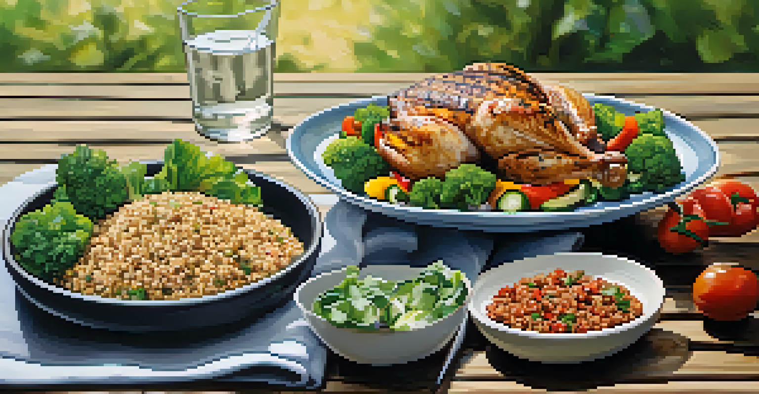 A healthy meal including grilled chicken, quinoa, vegetables, and a glass of water on a wooden table.
