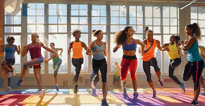 A gym filled with people doing warm-up exercises like leg swings and arm circles in a bright and energetic environment.