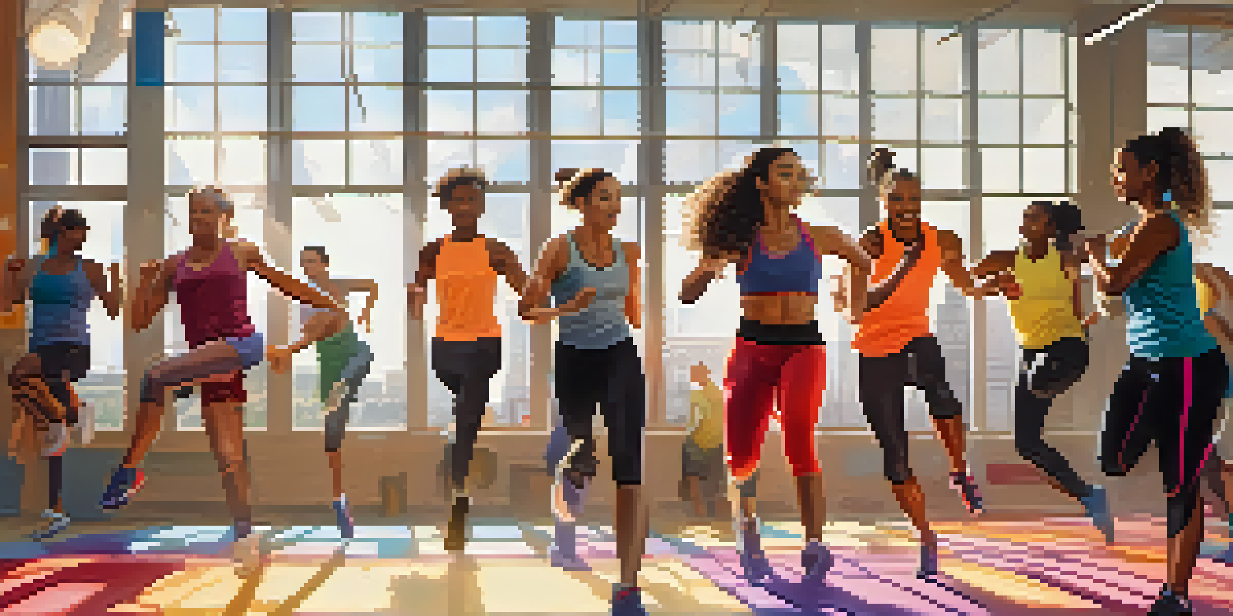 A gym filled with people doing warm-up exercises like leg swings and arm circles in a bright and energetic environment.