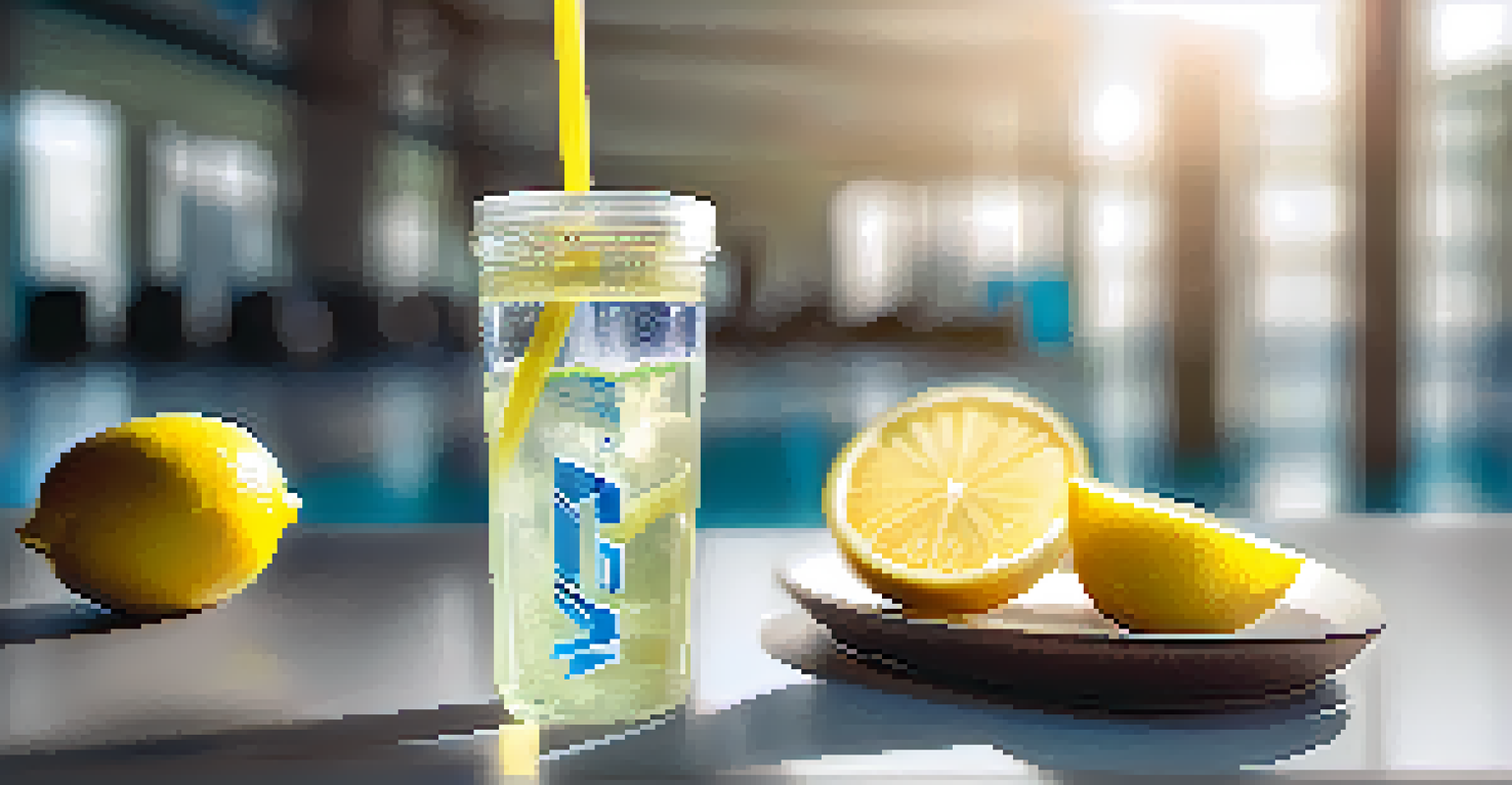 A close-up of a shaker bottle filled with a BCAA drink, ice cubes, and lemon slices, set against a blurred gym background.