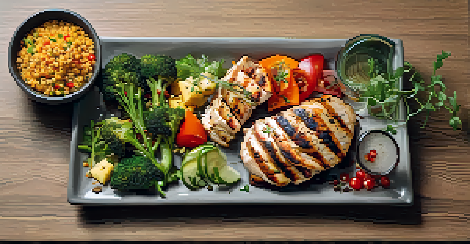 An overhead view of a healthy meal with grilled chicken, vegetables, and quinoa on a wooden table, beautifully lit.