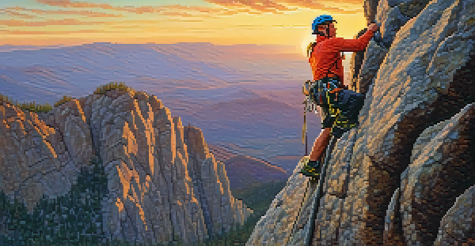 A climber on a rock face at sunset, showcasing determination and strength.