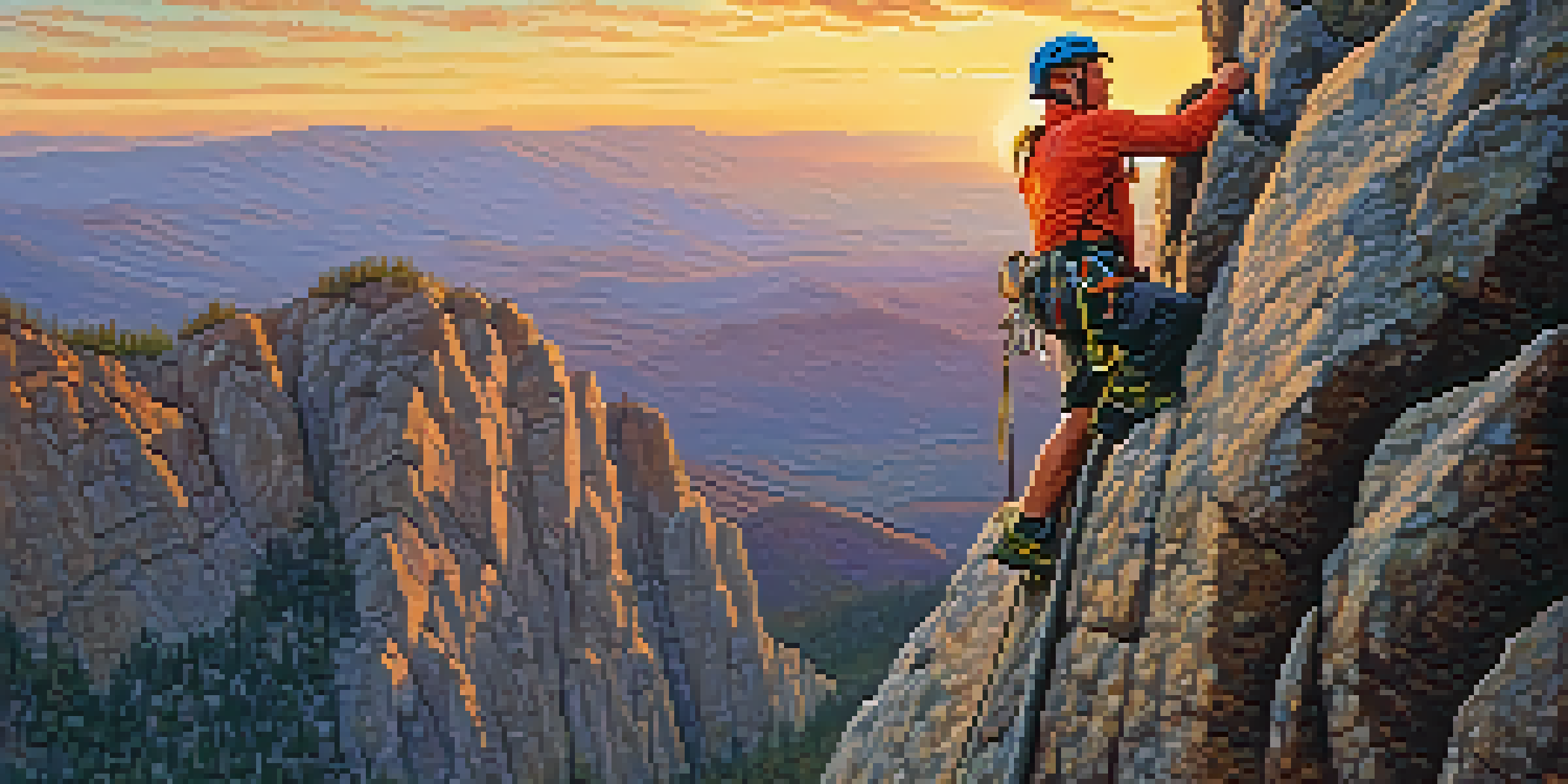 A climber on a rock face at sunset, showcasing determination and strength.