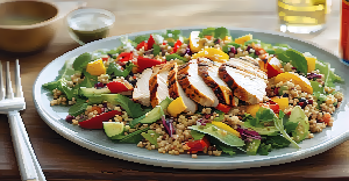 A nutritious post-workout meal of grilled chicken salad with quinoa and colorful vegetables, presented on a wooden table with natural light.