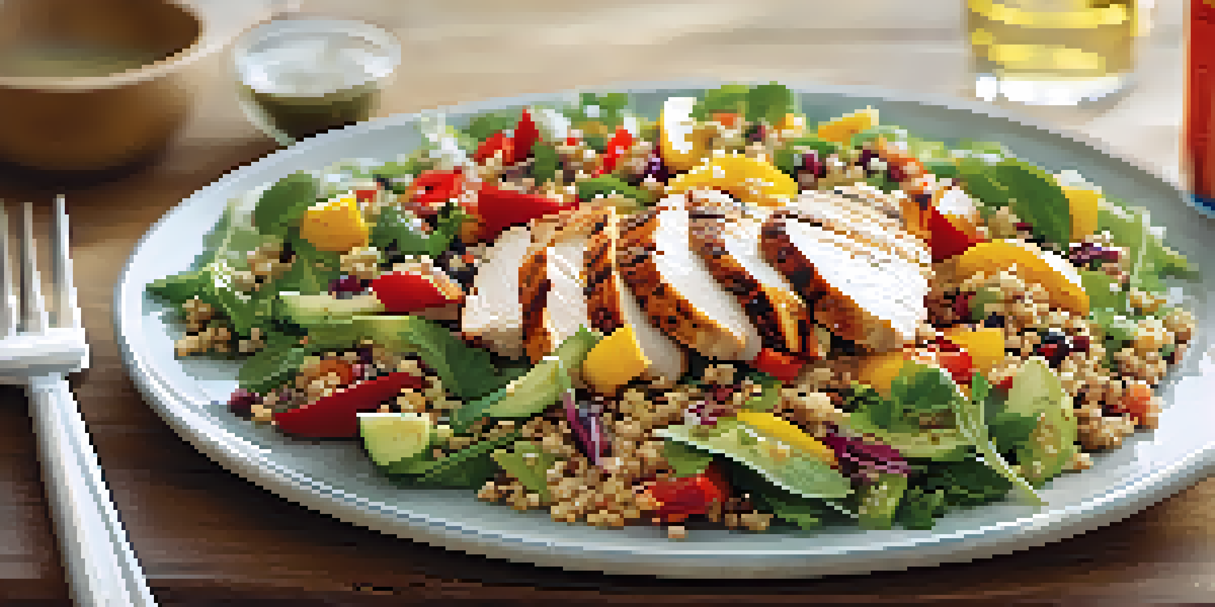 A nutritious post-workout meal of grilled chicken salad with quinoa and colorful vegetables, presented on a wooden table with natural light.