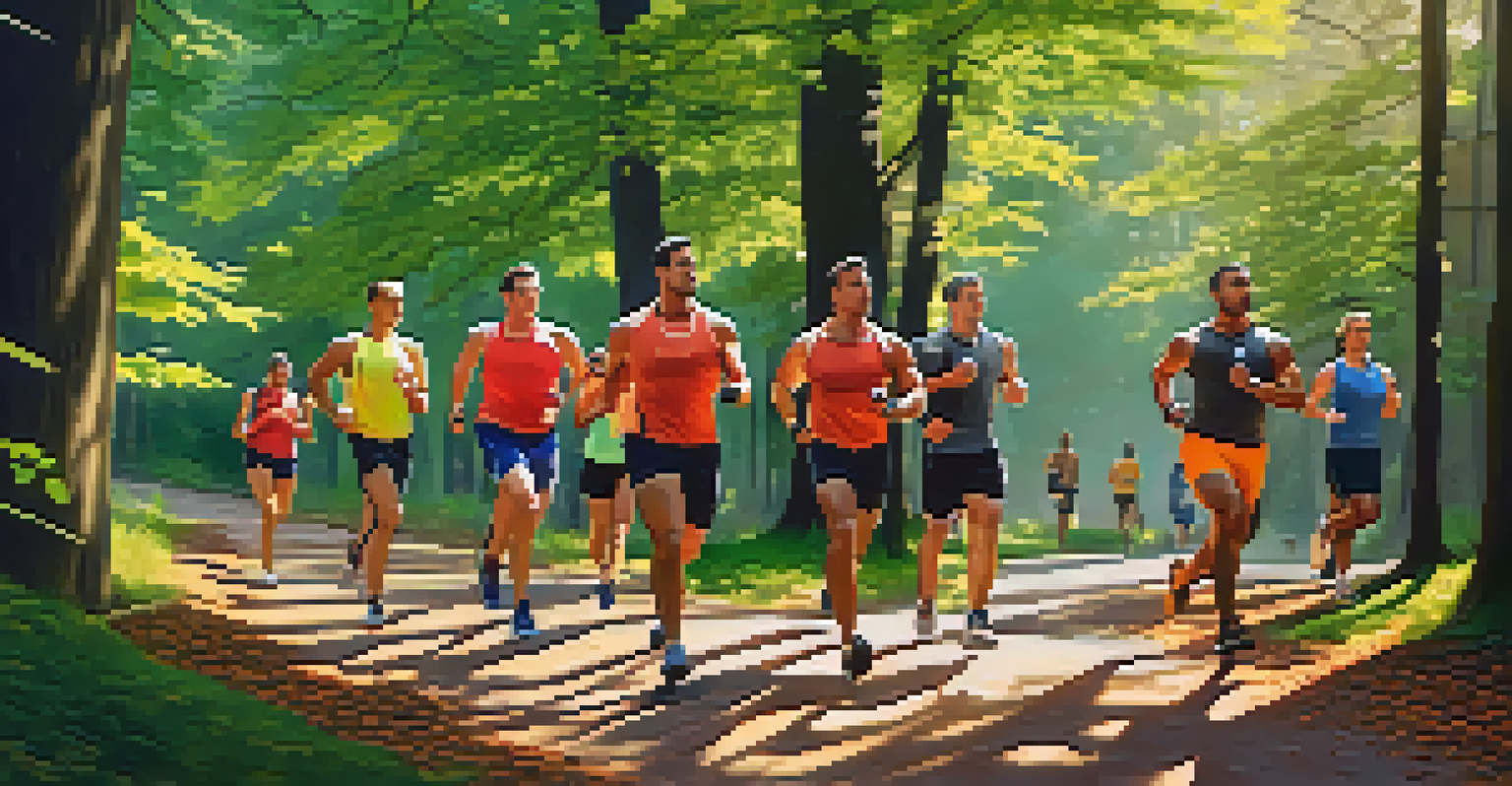 A group of bodybuilders running outdoors, checking their fitness trackers during a virtual challenge in a wooded area.