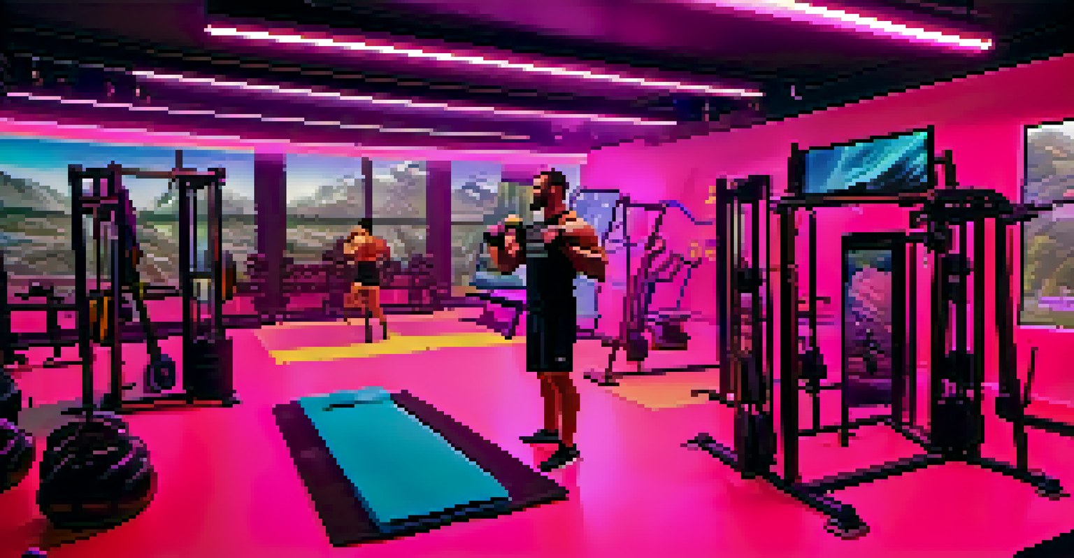 A bodybuilder lifting weights in a virtual reality gym with neon lights and a virtual coach.