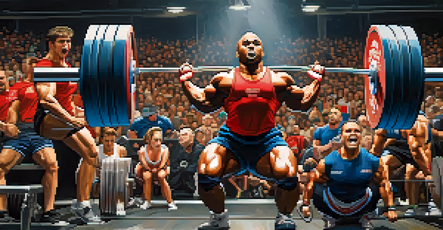 A lively powerlifting competition with athletes lifting weights and a cheering crowd.