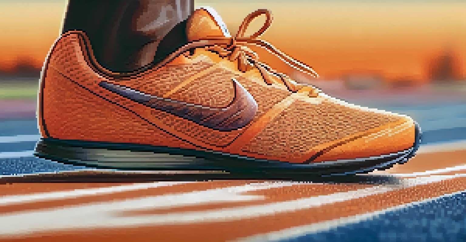 A close-up of an athlete's feet in running shoes on a textured track during sunset.
