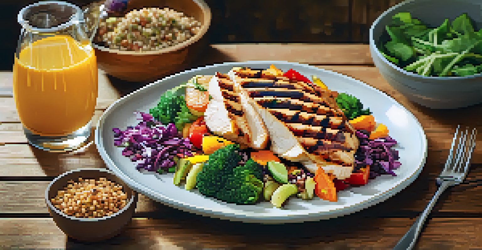 A nutritious meal with grilled chicken, quinoa, and vegetables arranged on a plate, highlighting healthy eating for fitness.