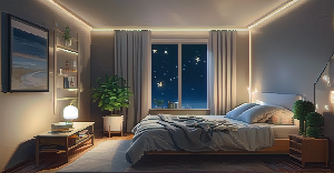 A tranquil bedroom at night with soft lighting, a cozy bed, and a starry sky visible through the window.