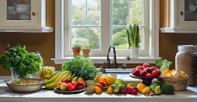 A bright kitchen countertop filled with colorful fruits, vegetables, lean proteins, whole grains, and healthy fats, bathed in natural sunlight.