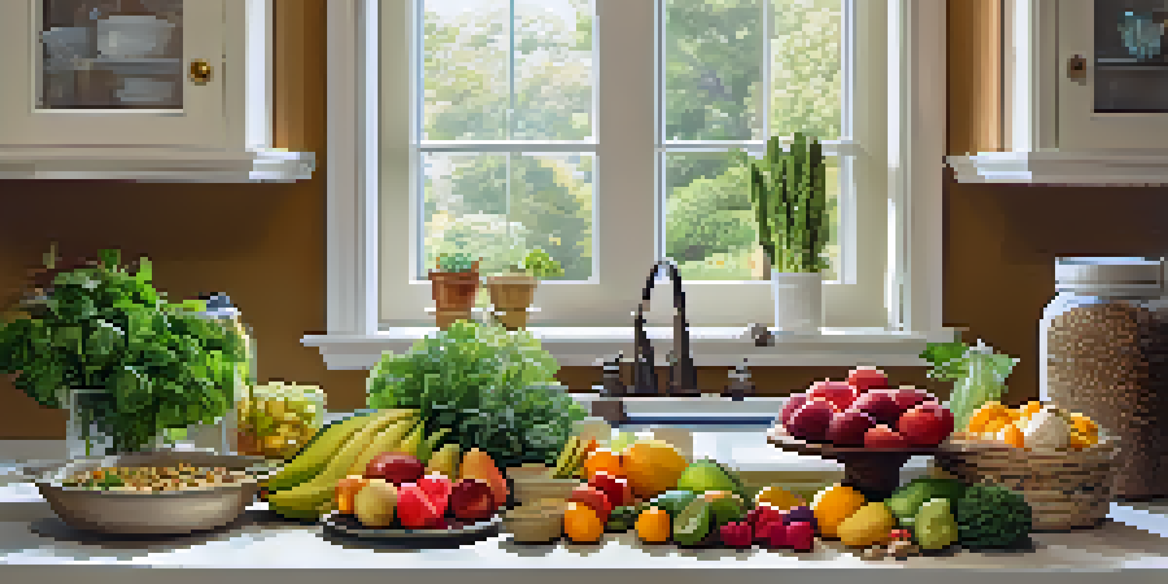 A bright kitchen countertop filled with colorful fruits, vegetables, lean proteins, whole grains, and healthy fats, bathed in natural sunlight.
