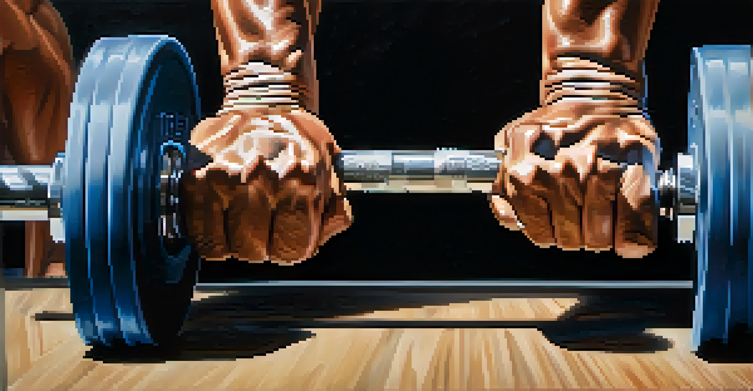 A close-up of a bodybuilder's hands gripping a barbell, highlighting calloused palms and muscular forearms.