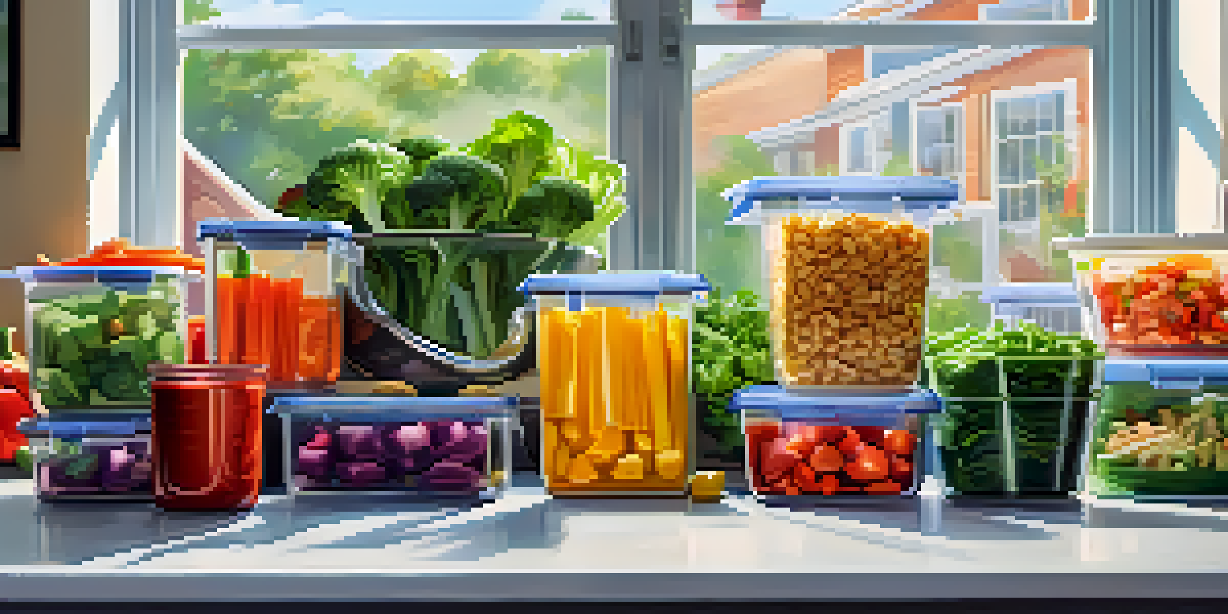 A kitchen counter displaying various healthy meal prep containers filled with colorful food items under bright natural light.