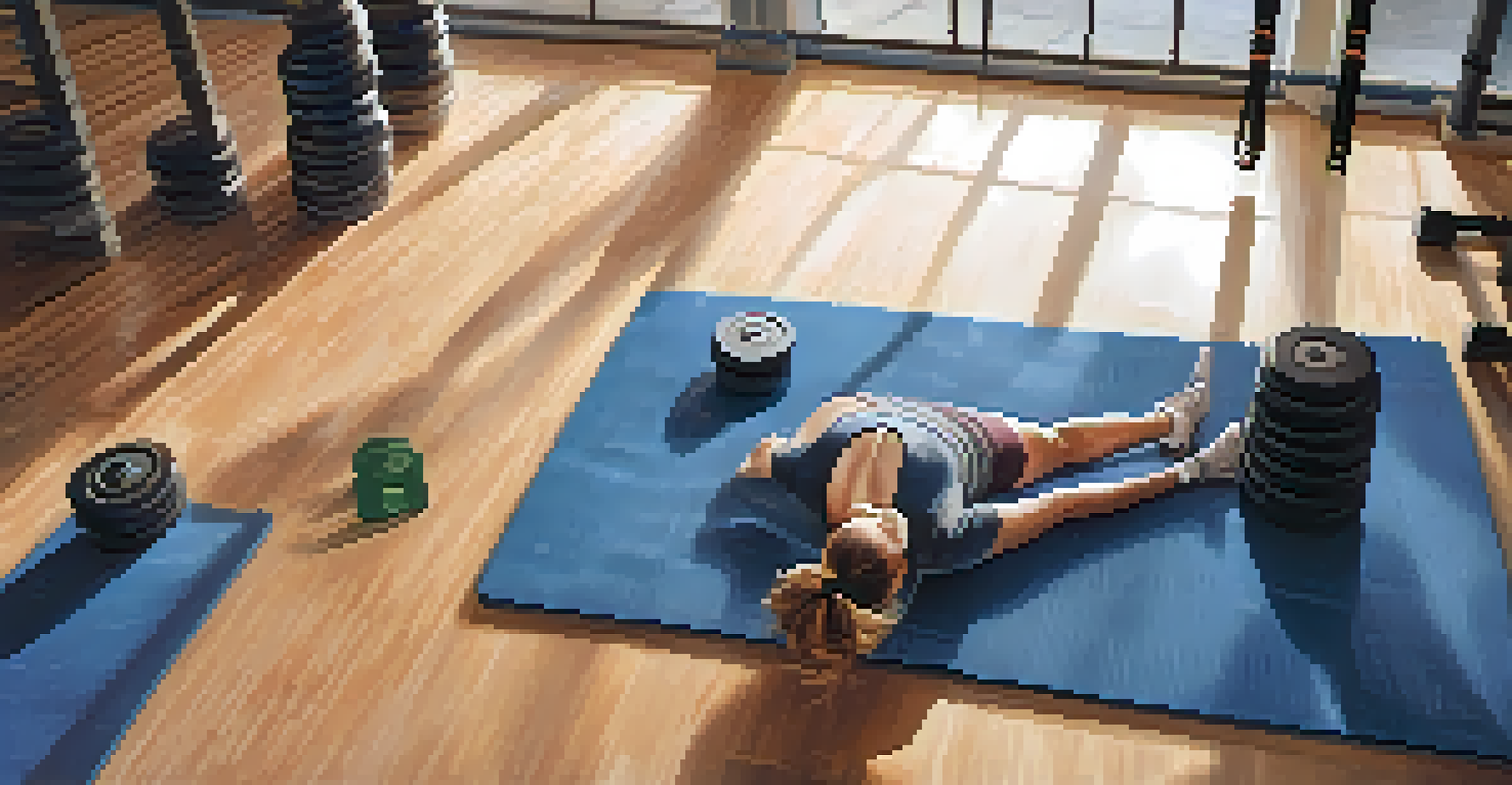 Overhead view of a fitness mat with weights and stretching bands, featuring hands performing a mobility exercise.
