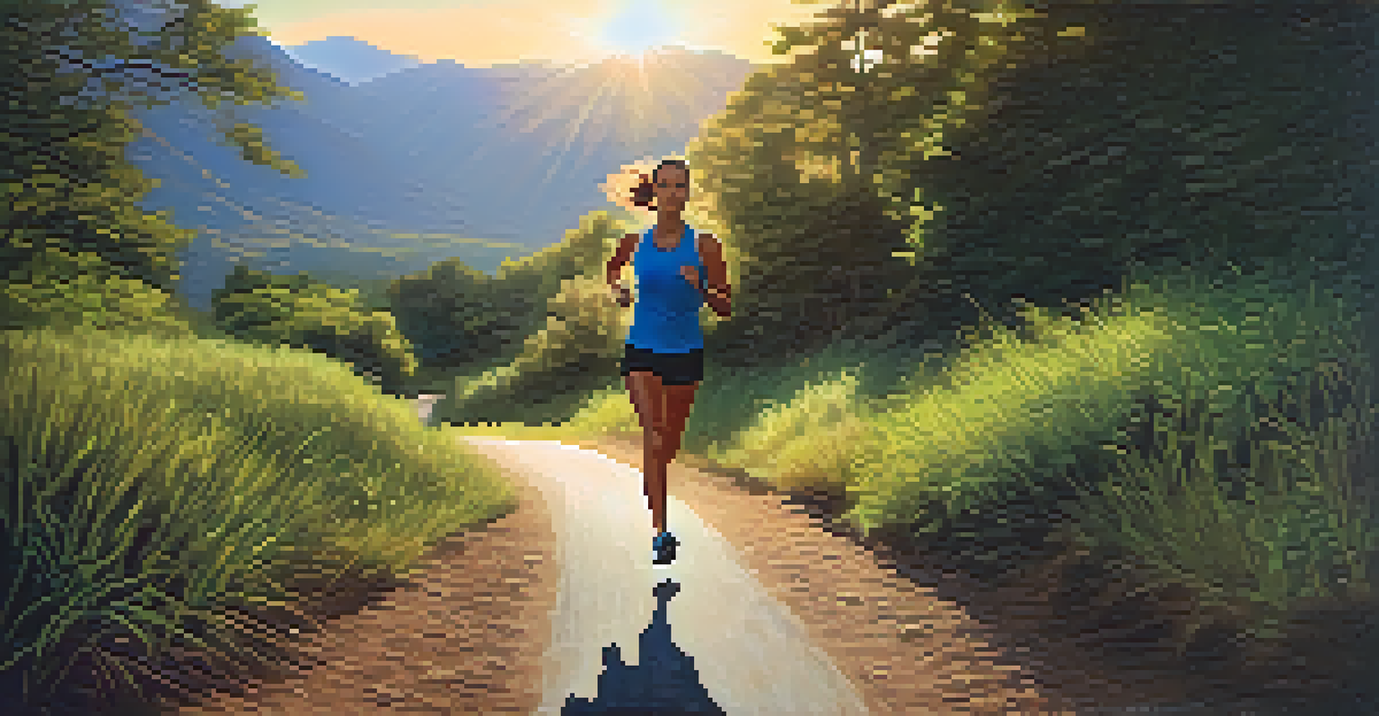 A person jogging along a scenic trail surrounded by greenery and mountains during the golden hour.