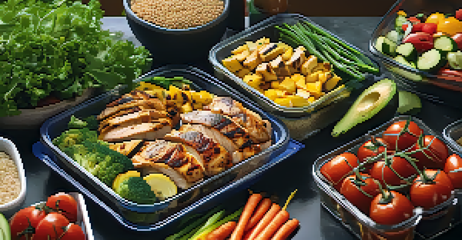 A close-up view of a healthy meal prep featuring grilled chicken, quinoa, and vegetables, with fitness items in the background.