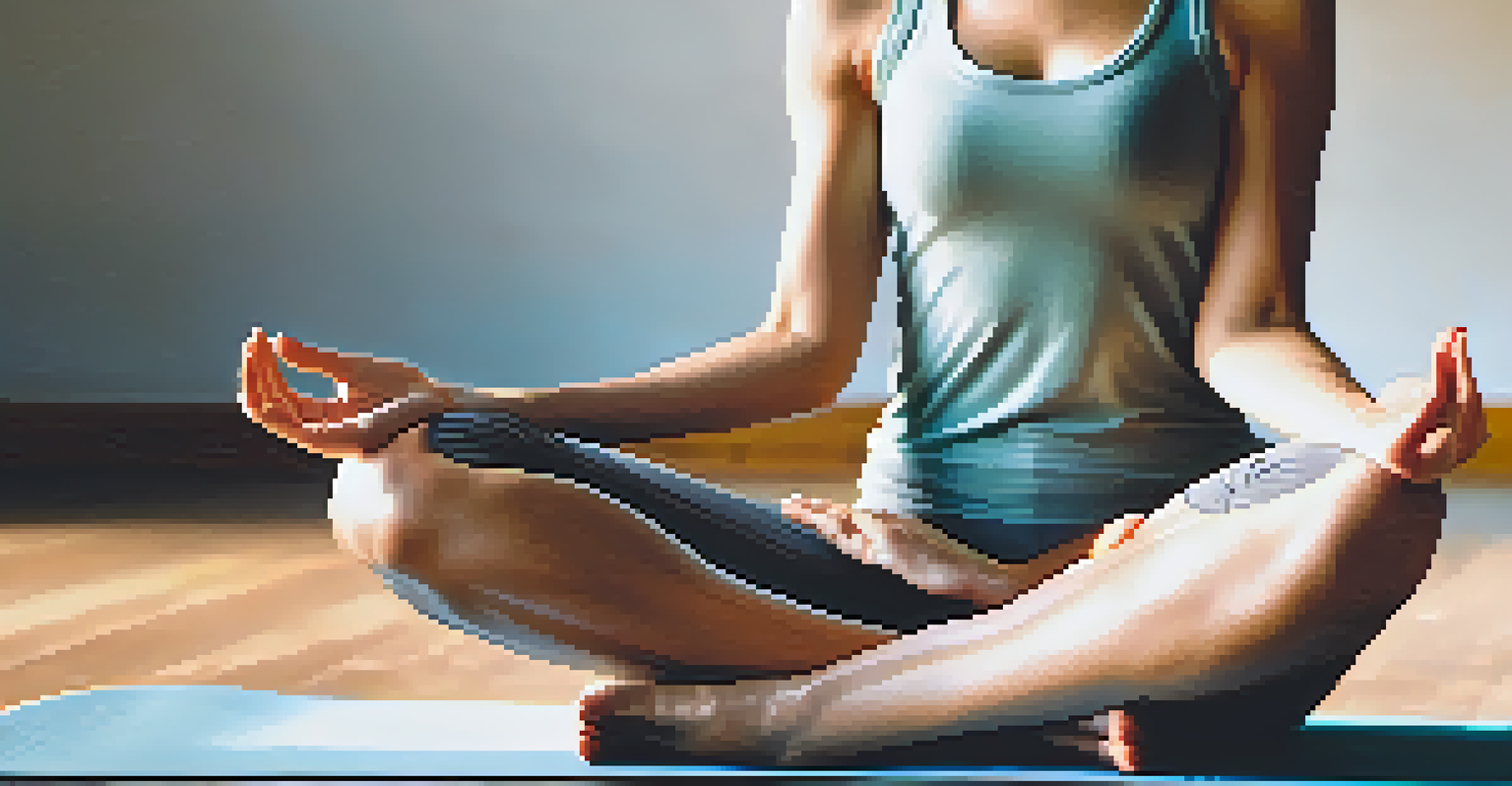A person practicing diaphragmatic breathing on a yoga mat, with a peaceful expression and soft sunlight around them.