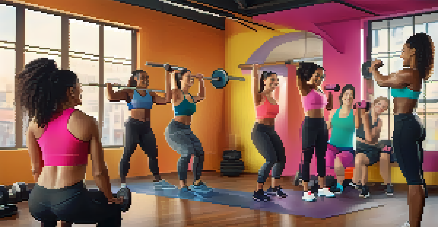 A diverse group of women supporting each other while training in a colorful gym, filled with smiles and encouragement.