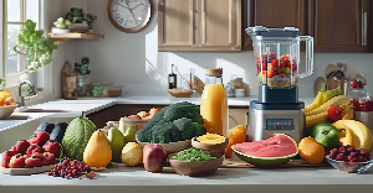 A kitchen countertop with an array of healthy foods such as fruits, vegetables, and lean meats, with a scale and blender in the background, illuminated by soft natural light.